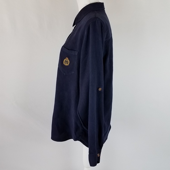 Lauren Ralph Lauren Gold Crest Navy Blue Silk Shir - Picture 2 of 6